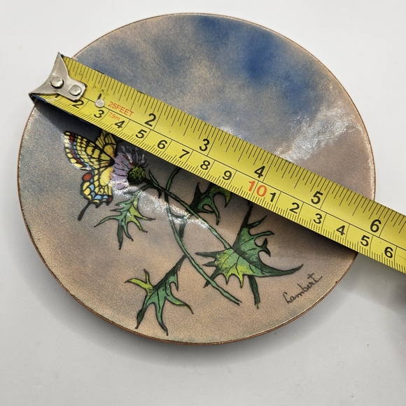 Enameled Copper Butterfly Thistle Trinket Ring Dish Artist Signed - Picture 8 of 8